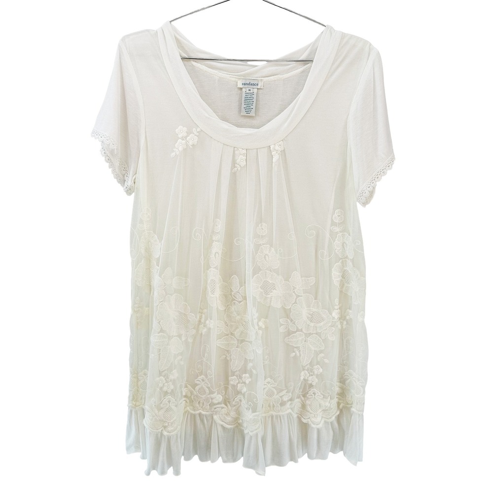 SUNDANCE Boho Mesh & Lace Short Sleeve Tunic Tee •‎ Medium • white • chic fairy